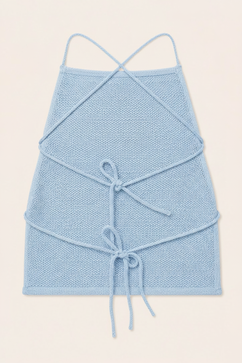 A pale blue knit camisole top with thin adjustable shoulder straps and a wrap-style front tie closure, shown flat against a light cream background.