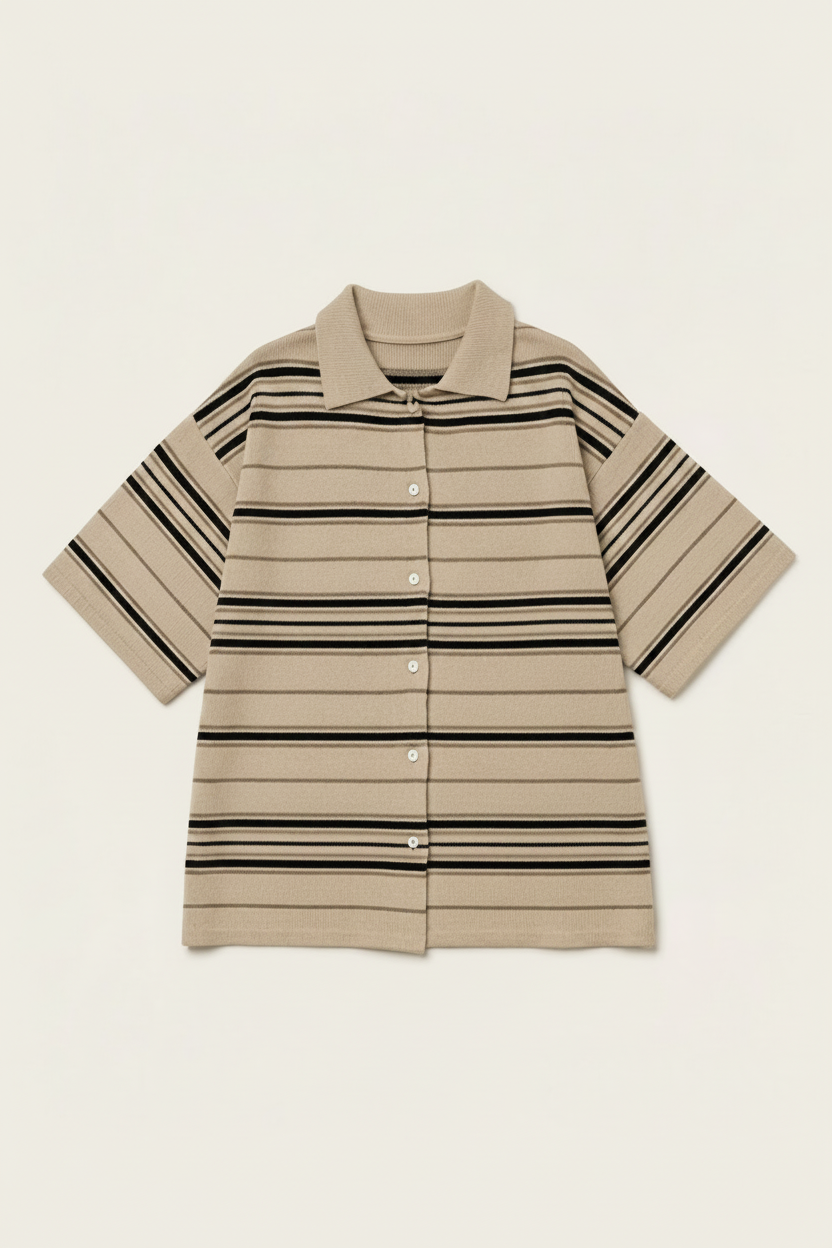 A short-sleeve knit polo shirt with horizontal black stripes on a beige background, featuring a button-up front and a classic collar.