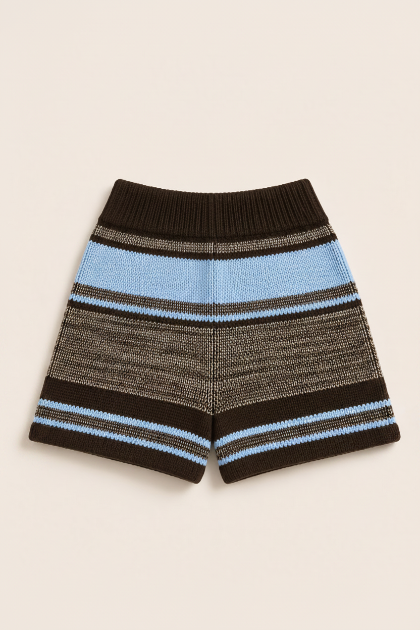 A pair of knit shorts with horizontal stripes in dark brown, light blue, and gray, featuring a ribbed waistband, shown flat on a light beige background.