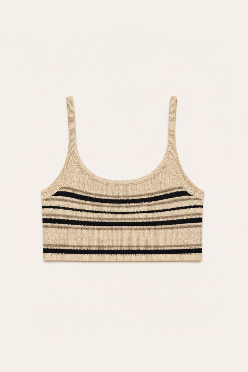 Two beige knit camisole crop tops with horizontal black and beige stripes, shown flat against a light cream background.