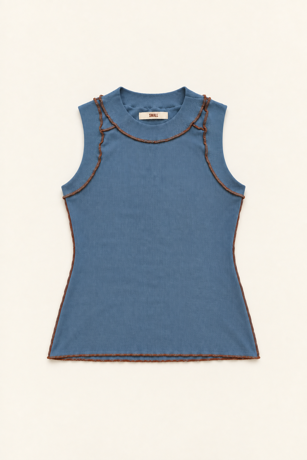 A sleeveless blue top with brown contrast stitching along the neckline, armholes, and hem, laid flat on a light cream background.